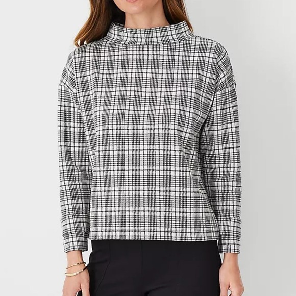 Ann Taylor Plaid Button Tab Mock Neck Top Size XL Business Casual Capsule NWT - Picture 1 of 11